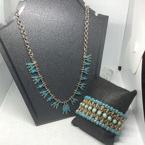 Vintage artisan antique silver tone faux turquoise necklace free bracelet